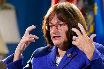 Rep. Annie Kuster, D-N.H., talks during an interview with The Associated Press in her office on Capitol Hill in Washington, Wednesday, Dec. 15, 2021, looking back a year later at her experience during the Jan. 6 Capitol insurrection.