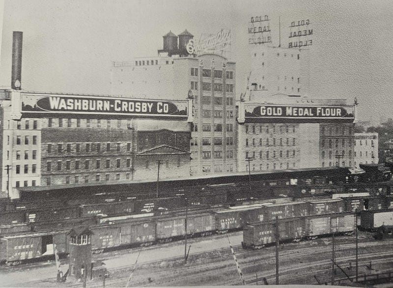 Railroads in the late-19th century and early 20th century in downtown Minneapolis helped make the Twin Cities a crucial hub for U.S. agriculture and made Minneapolis the world's "bread basket" with their flour-milling giants like Washburn Crosby, now General Mills.