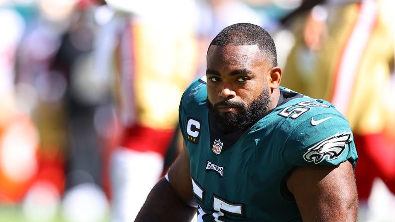 Defensive end Brandon Graham of the Philadelphia Eagles is injured during the first half in a game against the San Francisco 49ers at Lincoln Financial Field on Sept. 19, 2021, in Philadelphia.
