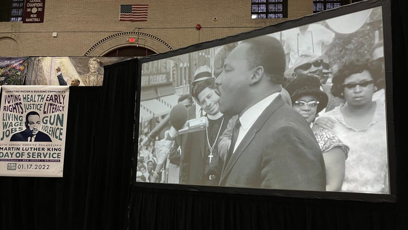 Recordings of Martin Luther King Jr. speeches play at the 27th Annual Greater Philadelphia Martin Luther King Day of Service at Girard College