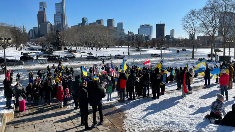 Dozens of people crowded the Philadelphia Museum of Art's front steps on Sunday with a unified message about potential Russian aggression in Ukraine.