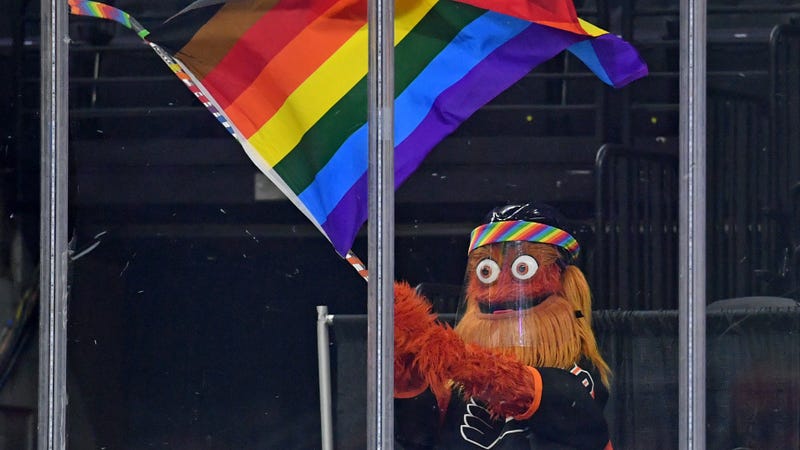 Gritty waves a flag at the Philadelphia Flyers' 2021 Pride Night
