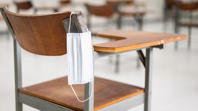 School classroom with desks, chairs and a COVID-19 mask