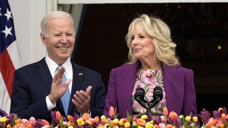 President Joe Biden and First Lady Jill Biden greet guests during the White House Easter Egg Roll on the South Lawn of the White House on April 18, 2022.