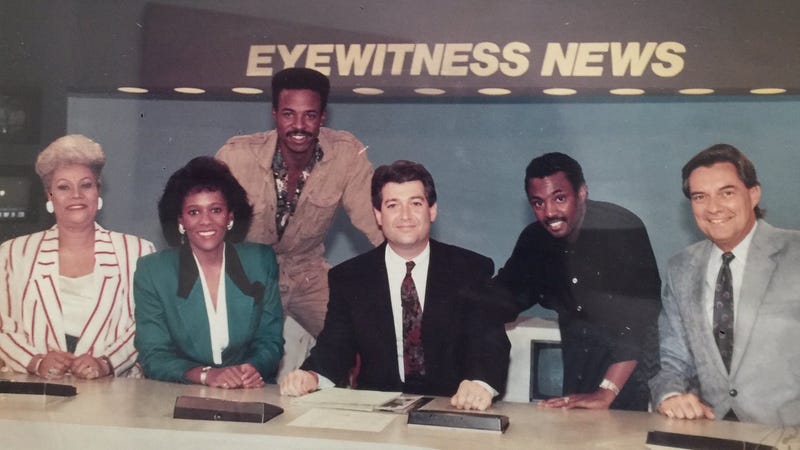 Trudy Haynes (far left) is shown with Kimberly Adams and the noon crew at KYW-TV in the early '90s.