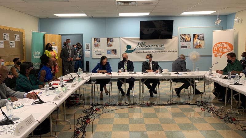 From left: Assistant Substance Abuse and Mental Health Services Administration Secretary Miriam Delphin-Rittmon, Region III Health and Human Services administrator Dr. Ala Stanford, FCC Chairman Jessica Rosenworcel, Veterans Affairs Secretary Denis McDonough, HHS Secretary Xavier Becerra and Mayor Jim Kenney joined for a roundtable discussion on Friday.