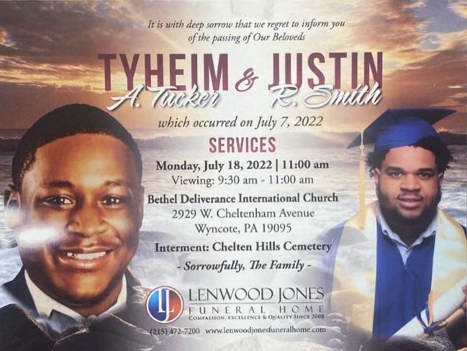 A postcard announcing funeral services for Tyheim Tucker and Justin Smith