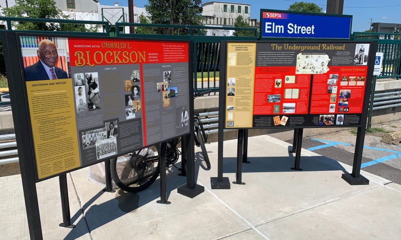 Permanent panels highlighting the achievements of historian Charles Blockson are on display at the Elm Street SEPTA Regional Rail station in Norristown.