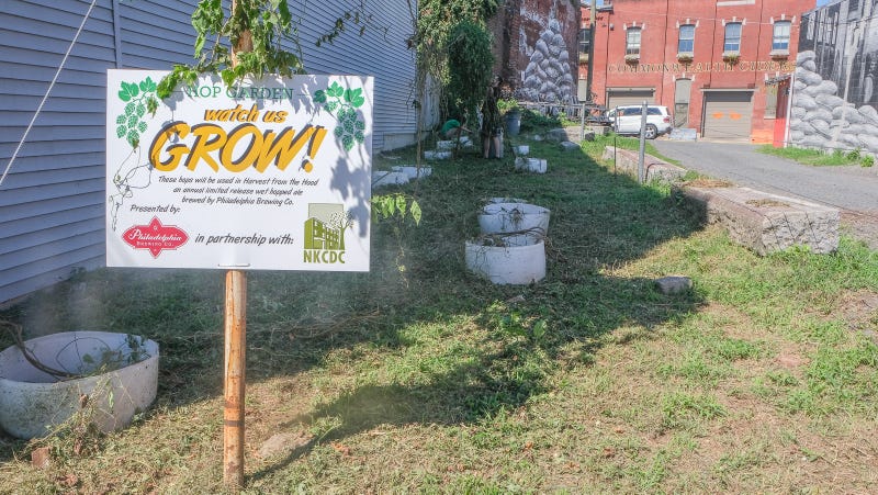 The sign outside Philadelphia Brewing Company's hop garden in East Kensington.