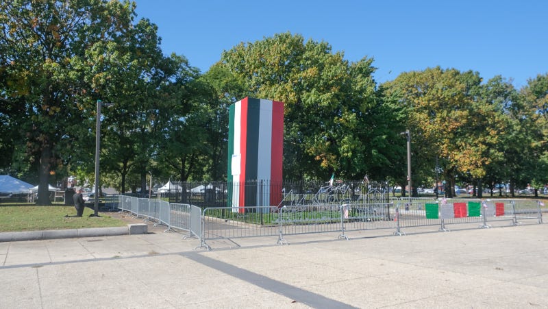The now-painted box surrounding the Christopher Columbus statue in Marconi Plaza.