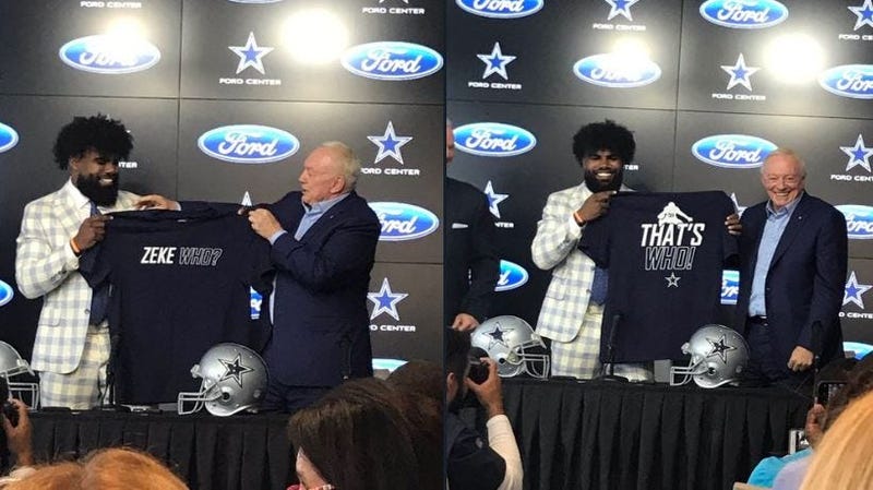 Ezekiel Elliott & Jerry Jones holding the 'Zeke Who' t-shirt