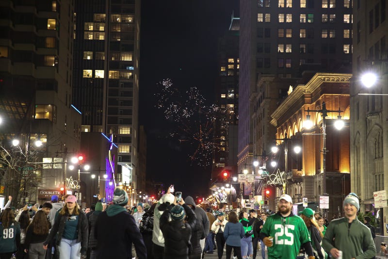 Fireworks go off above the celebration where thousands of Eagles fans reveled in their team's 31-7 triumph over the San Francisco 49ers in the NFC Championship Game Sunday.