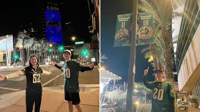 Left: Grace Del Pizzo and Jaxson Webster by a display for Super Bowl LVII. Right: A pole similar to one Del Pizzo showcased in a viral video about climbing poles in Phoenix after the Super Bowl.