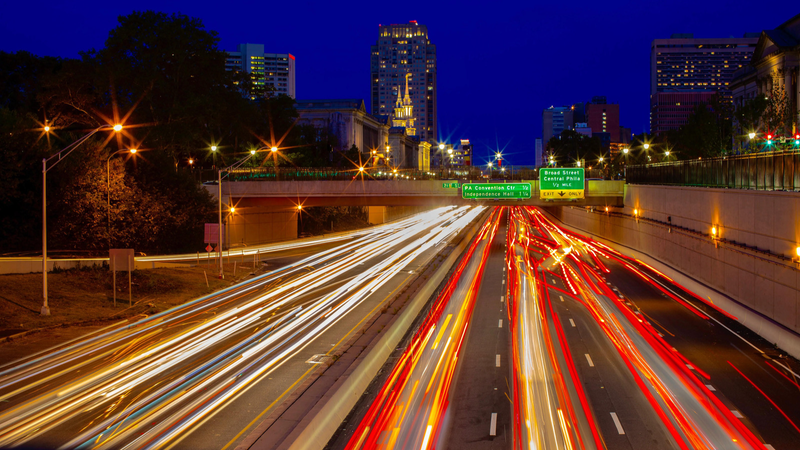 The Vine Street Expressway at night.