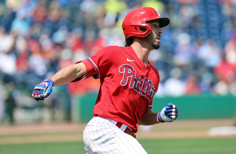 Philadelphia Phillies catcher Garrett Stubbs singles during the fourth inning against the Toronto Blue Jays at BayCare Ballpark on Mar 28, 2023.