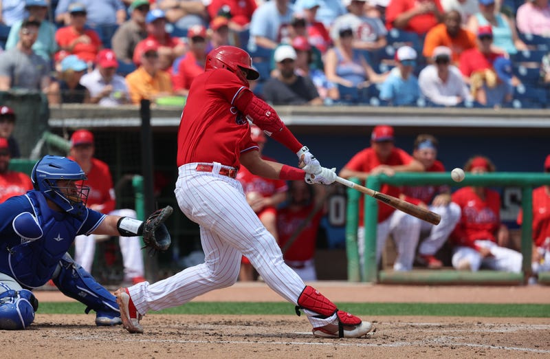 Philadelphia Phillies first baseman Darick Hall singles during the fourth inning against the Toronto Blue Jays at BayCare Ballpark on Mar 28, 2023.