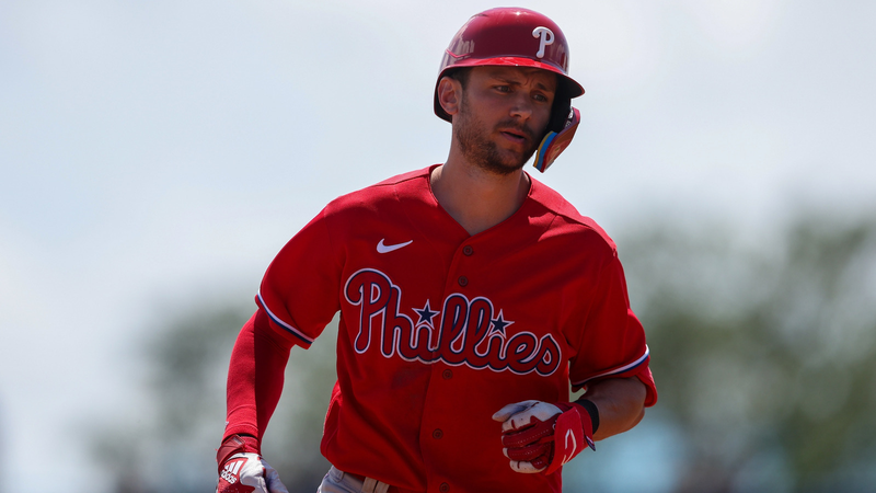 Philadelphia Phillies shortstop Trea Turner rounds second base after hitting a two-run home run against the Toronto Blue Jays in the second inning during spring training at TD Ballpark.