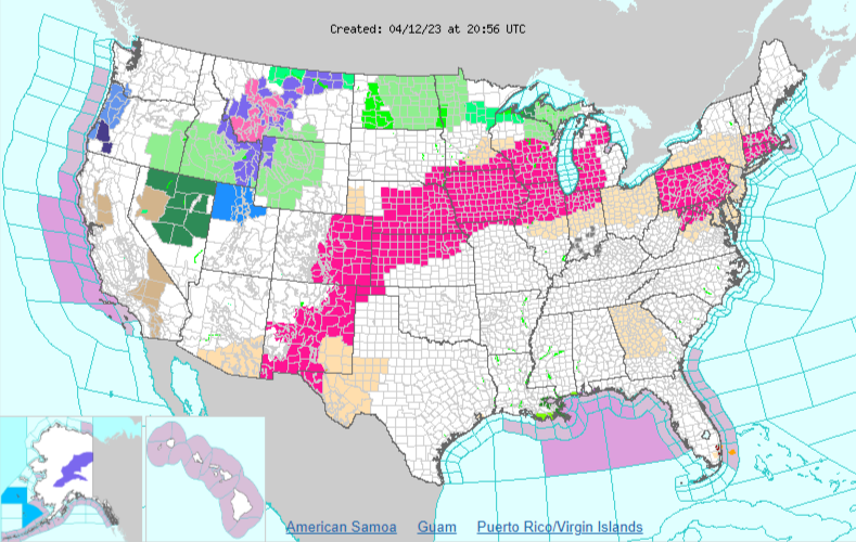 The pink region streaking across this map from the National Weather Service shows the areas affected by "red-flag warnings," where dry air and gusty winds are expected to create an elevated risk of wildfires.