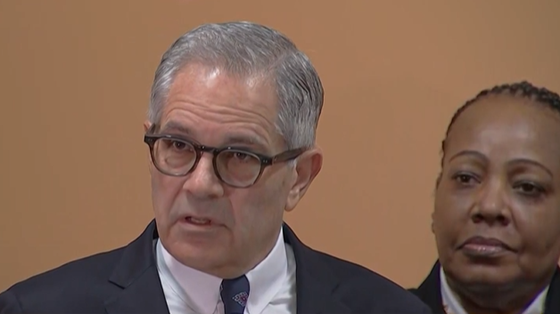 From left: District Attorney Larry Krasner and Sheriff Rochelle Bilal announced the arrest of a man sought for his alleged involvement in a 2020 murder in West Philadelphia.