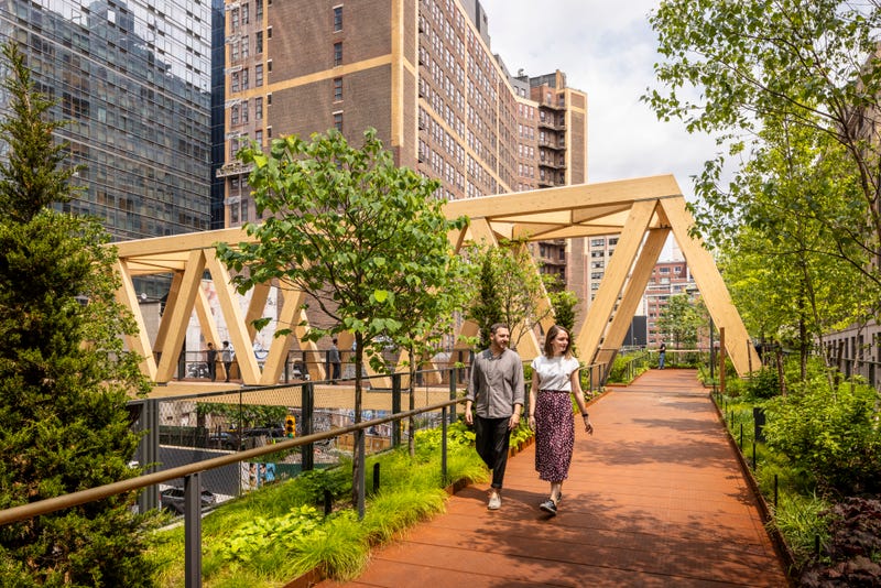 There's also a 260-foot, one-block-long Timber Bridge, built from sustainably sourced Alaskan Yellow Cedar, that runs north above Dyer Avenue toward the adjacent Magnolia Court pedestrian plaza