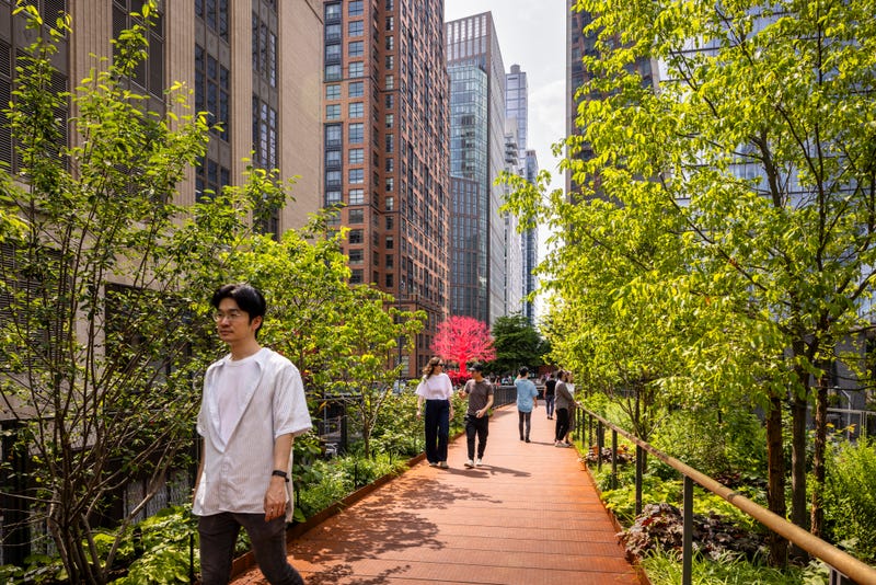 The connector includes a richly planted, 340-foot Woodland Bridge that runs above W. 30th Street from the High Line's terminus at the Spur