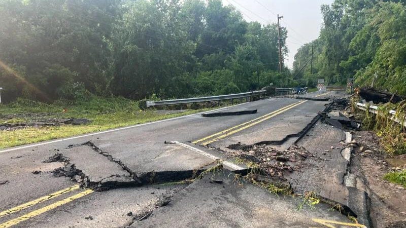 Saturday's flooding left roads in the area of Washington Crossing badly damaged.