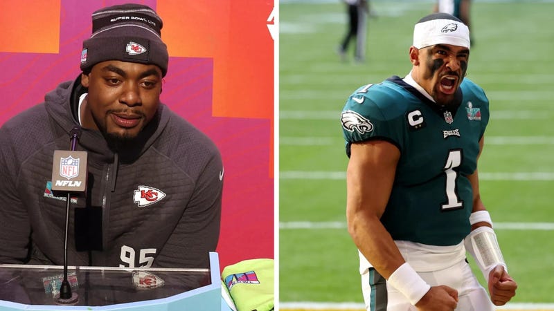 Kansas City Chiefs defensive end Chris Jones gives Philadelphia Eagles quarterback Jalen Hurts high praise.