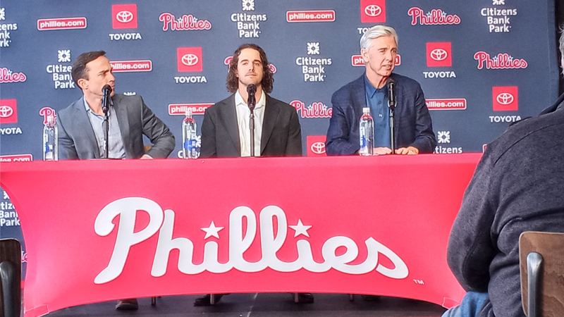From left: General Manager Sam Fuld, Aaron Nola, President of Baseball Operations Dave Dombrowski