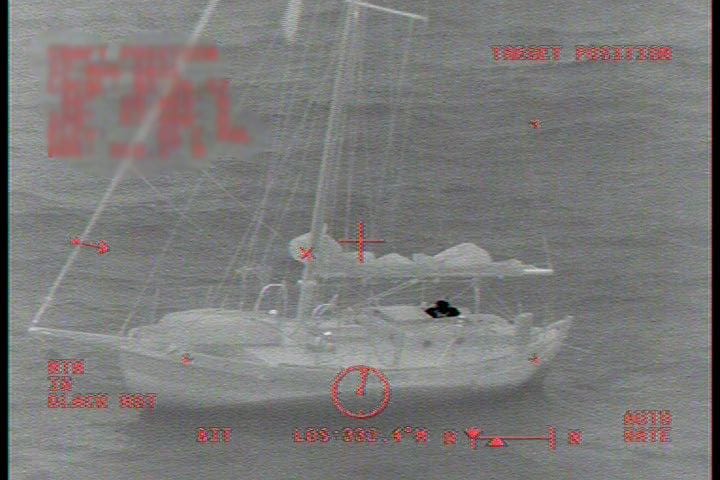The boat as seen through the night vision of a U.S. Coast Guard helicopter.