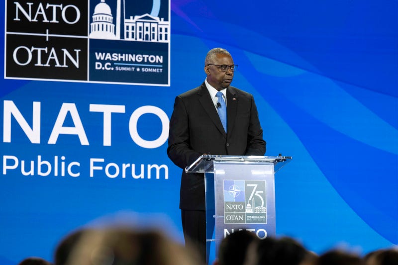 Secretary of Defense Lloyd J. Austin III speaks during a public forum at NATO’s 75th anniversary event