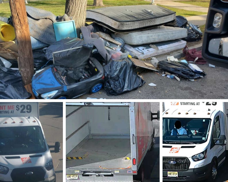The person suspected of dumping this pile at Rose and Everett streets, near Whitman Square Park, lives in Delran and used a rented truck.