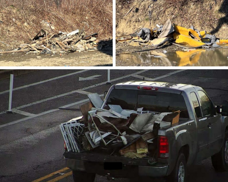The person suspected in this illegal dumping at 500 Block of Byron Street lives in Camden and drove a 2009 Gray Chevy Silverado with a fake Pennsylvania license plate.