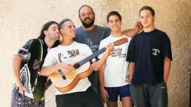 Iair Horn (with guitar) with close friends and Noga Senderowitsch's father (with beard), Merom Golan, Israel, c. 2001