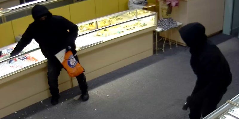 Surveillance footage of the two men suspected of robbing a Santa Rosa jewelry store.
