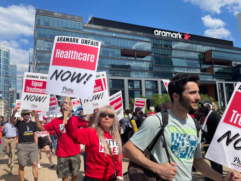 Unite Here Local 274, the food service workers union under Aramark, protests outside corporate headquarters.