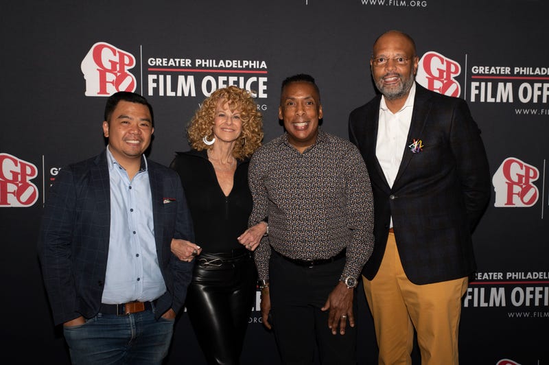 Sharon Pinkenson and Greater Philadelphia Film Office board members Kris Mendoza, Greg Deshields and James Burnett at the May 2023 production party