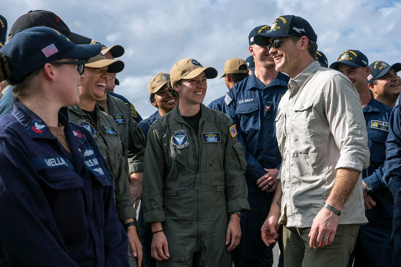Defense Secretary Pete Hegseth meets with sailors assigned to the guided-missile destroyer USS Hudner during his visit to Naval Station Guantanamo Bay, Cuba, Feb. 25, 2025.