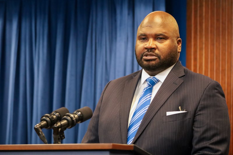 Sen. Elgie Sims, D-Chicago, discusses the state budget at a June 16 signing ceremony. Sims is the chief budget negotiator in the Senate.