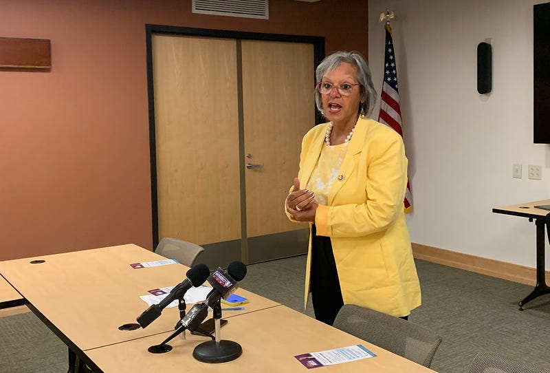 U.S. Rep. Robin Kelly speaks to voters at an event at the Peoria Public Library on Wednesday, July 9, 2025.