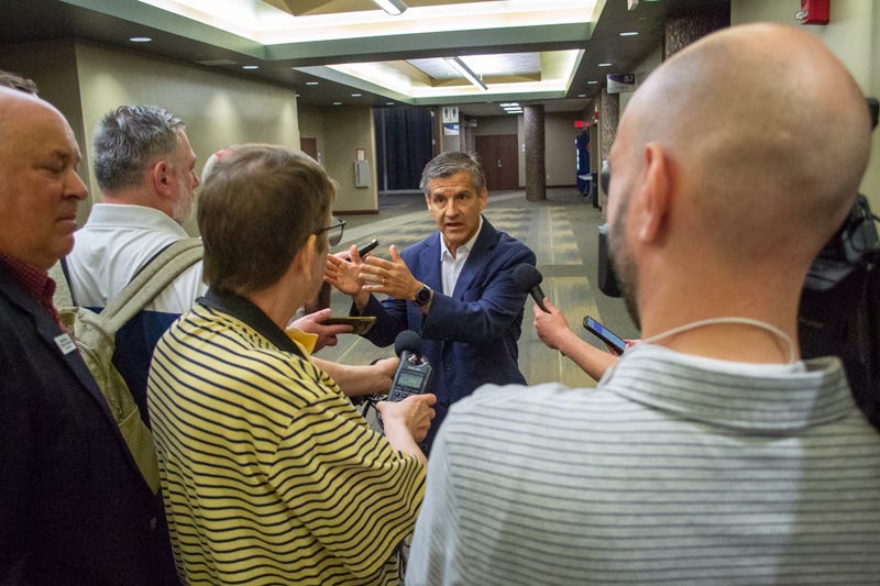 Ted Dabrowski, president of the conservative media outlet Wirepoints, speaks to reporters after telling fellow Republicans he plans to announce a bid for governor soon.