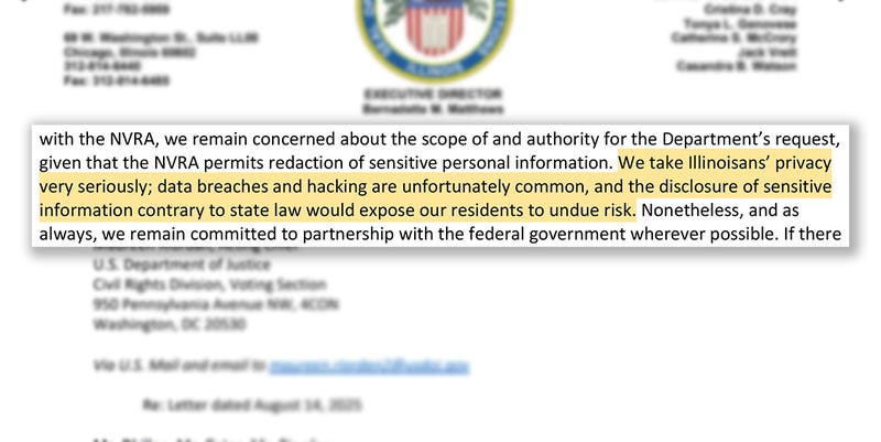 A letter from the Illinois State Board of Elections to the U.S. Department of Justice outlines the state’s concerns with the department’s efforts to collect sensitive voter data.