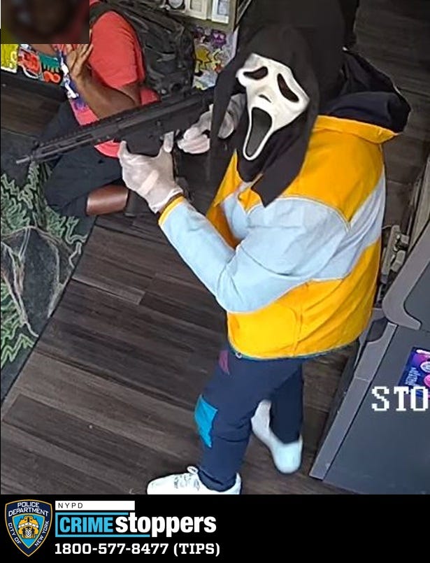 Police are searching for a man in a "Ghost Face" mask, as well as two other men