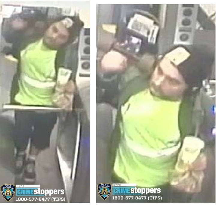 New images show the suspected paint-slinger inside the 14th Street/Sixth Av subway station nearby the park before the incident, police said.