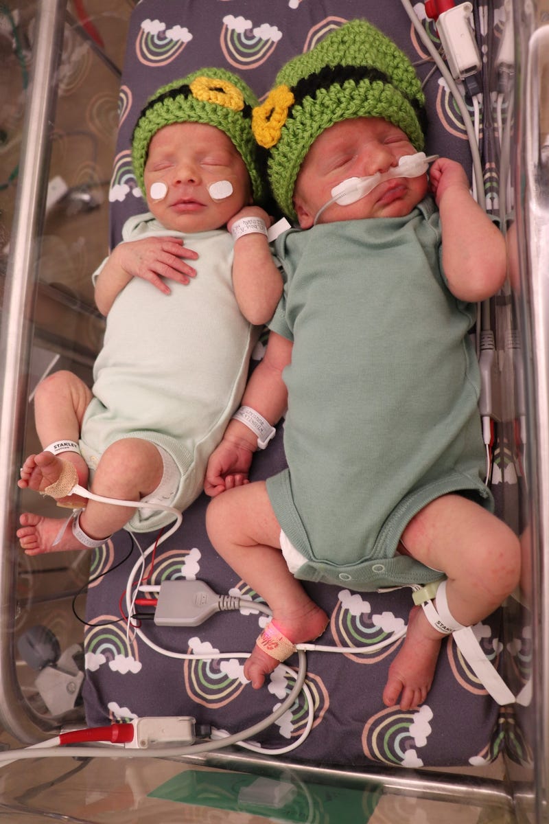 2 newborns, wearing green and leprechaun hats share a bassinet