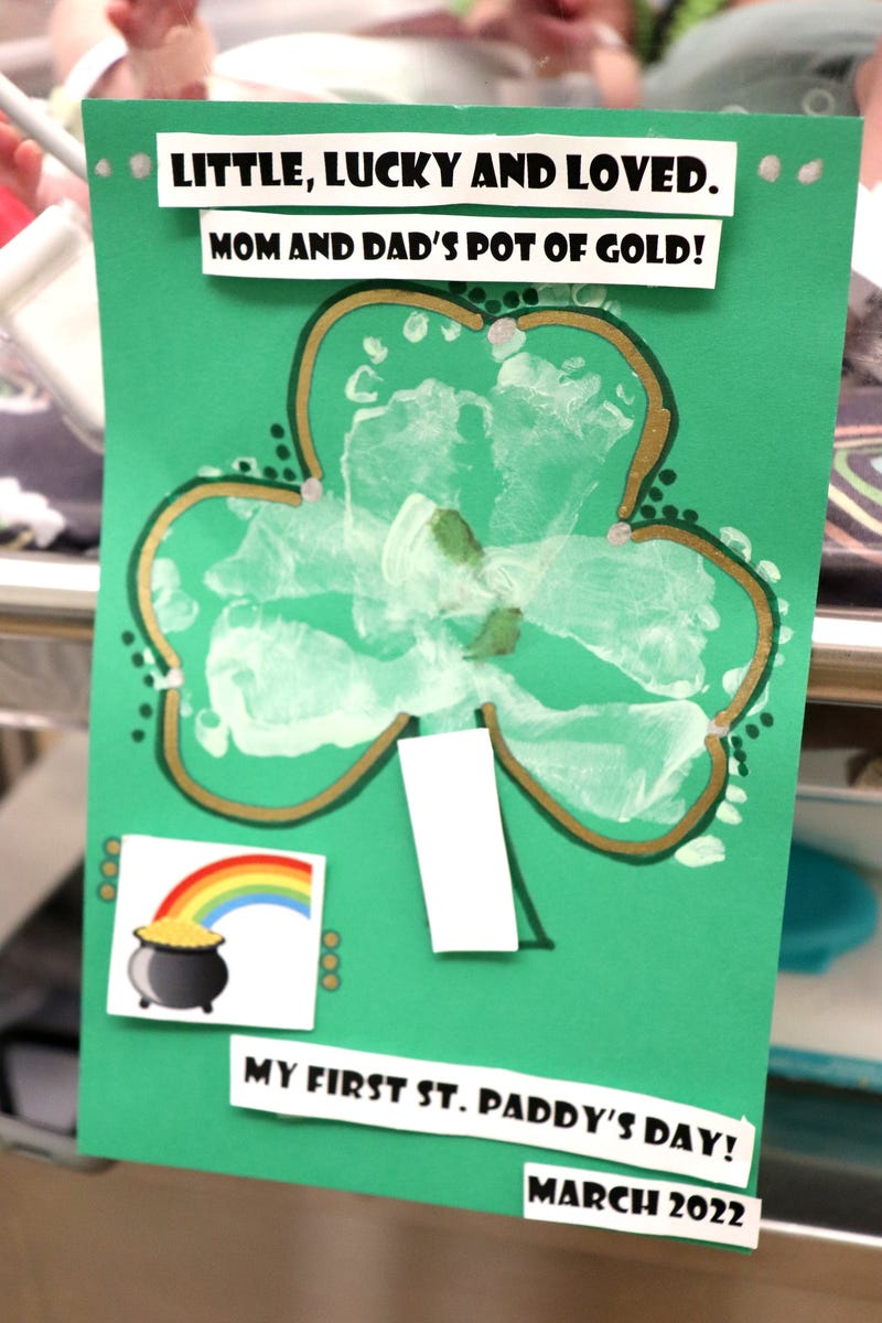 St. Paddy's Day sign on NICU bassinet
