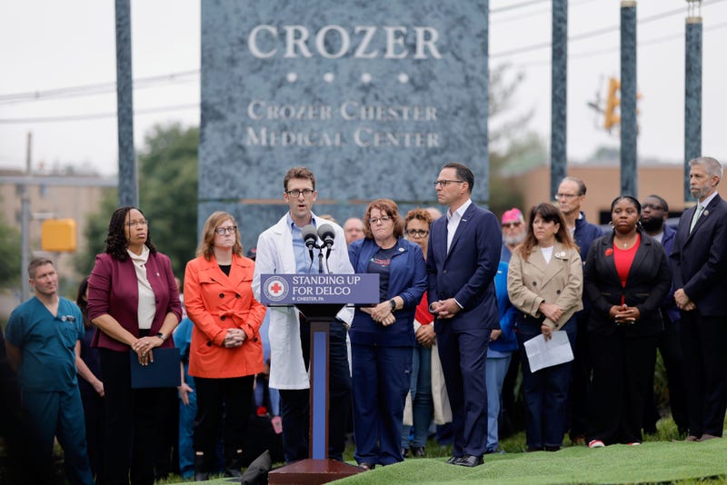 Dr. Max Cooper, a Crozer ER doctor, speaks at Gov. Josh Shapiro's press conference 