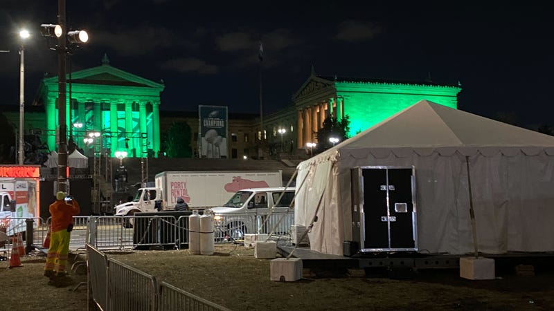 Eagles victory parade preparations along the Benjamin Franklin Parkway