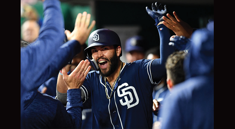 SEPTEMBER 9: Eric Hosmer #30 of the San Diego Padres celebrates in the dugout after hitting a ninth inning home run against the Cincinnati Reds at Great American Ball Park on September 9, 2018 in Cincinnati, Ohio. San Diego defeated Cincinnati 7-6. (Photo