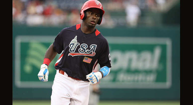 JULY 15: Taylor Trammell #5 runs the bases during the SiriusXM All-Star Futures Game at Nationals Park on July 15, 2018 in Washington, DC. (Photo by Rob Carr/Getty Images)