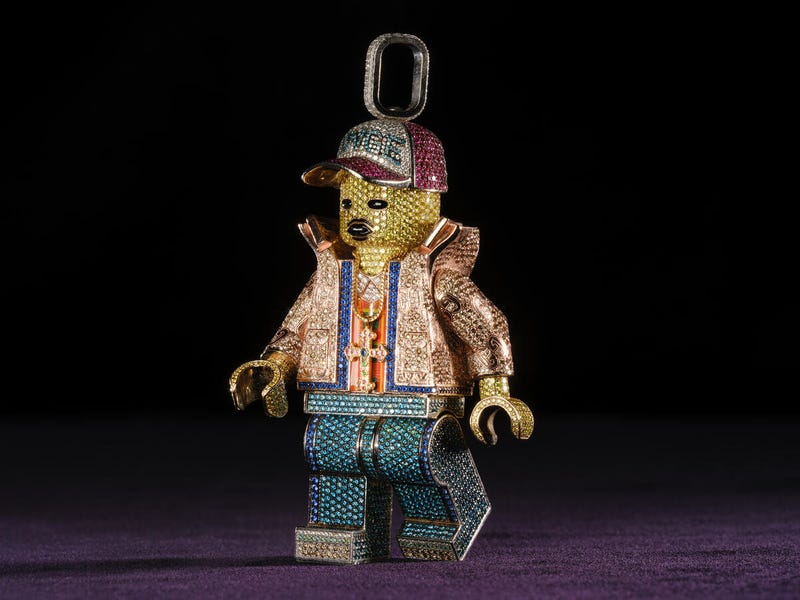 This playful Lego pendant, designed for A$AP Rocky by Alex Moss X Pavē in 2022, is made of 14-karat gold with multicolored diamonds, sapphire, ruby, and enamel.